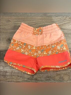 Patagonia Kids Swim Shorts in Coral, Peach & Turquoise Floral